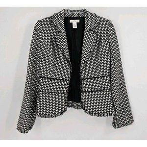 White House Black Market Open Front  Woven Fringe Black White Blazer Jacket Sz 6